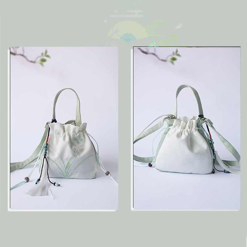 Bolso de hombro de lona con flores bordadas hechas a mano con Buddha Stones