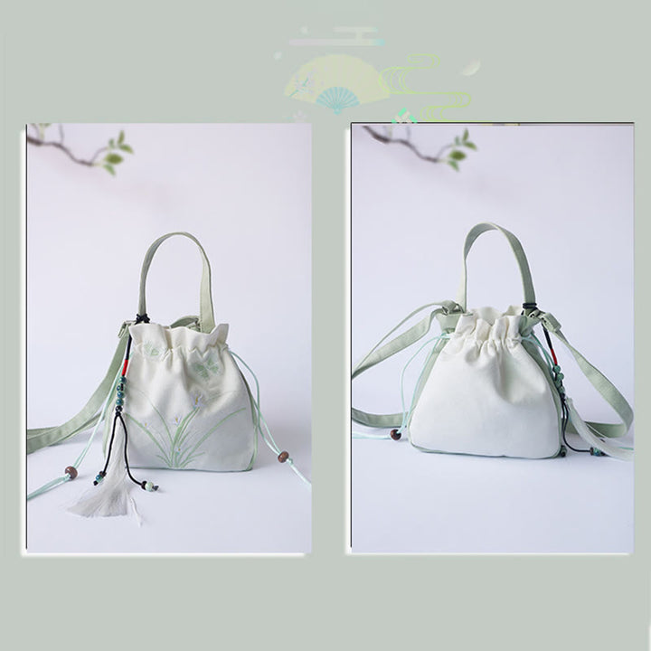 Bolso de hombro de lona con flores bordadas hechas a mano con Buddha Stones