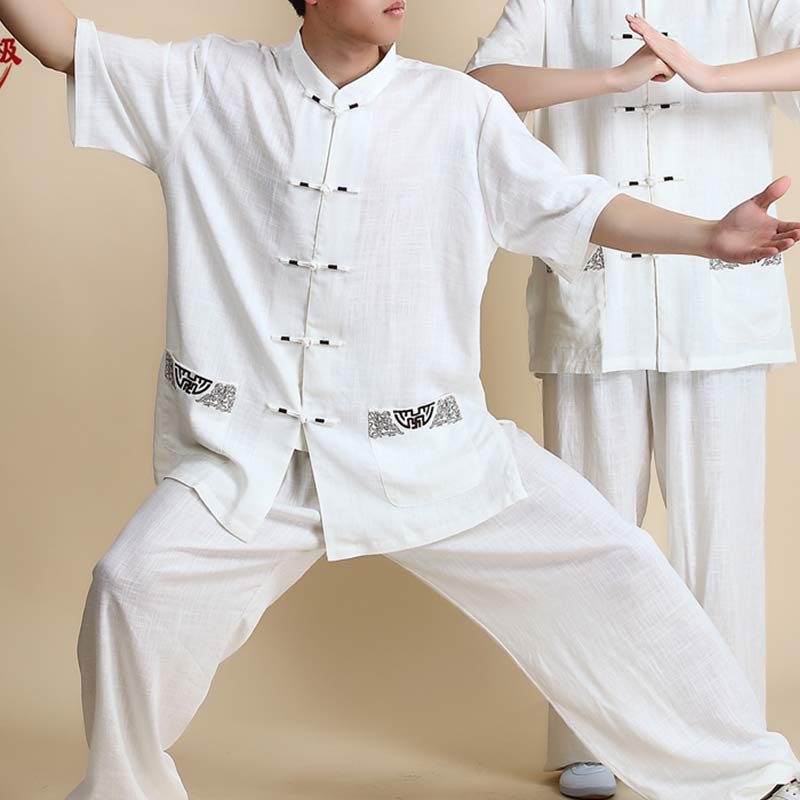 Conjunto de ropa unisex con bordado de Buddha Stones para meditación, oración zen, práctica espiritual de tai chi y qigong - Bordado blanco de manga corta - US14, UK/AU18, EU46 (3XL) - image 16