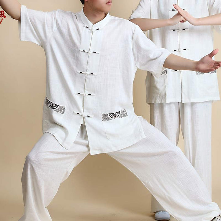 Conjunto de ropa unisex con bordado de Buddha Stones para meditación, oración zen, práctica espiritual de tai chi y qigong - Bordado blanco de manga corta - US14, UK/AU18, EU46 (3XL) - image 16