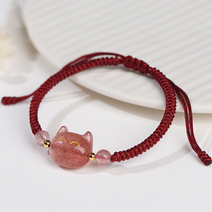 Buddha Stones hechas a mano, plata Natural brillante, obsidiana, cuarzo fresa, pulsera trenzada de protección de gato lindo - image 10