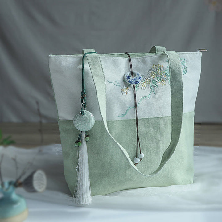 Bolso de hombro de gran capacidad con bordado de bambú, flor de pera, ciruelo, flor de melocotón, bolso de mano