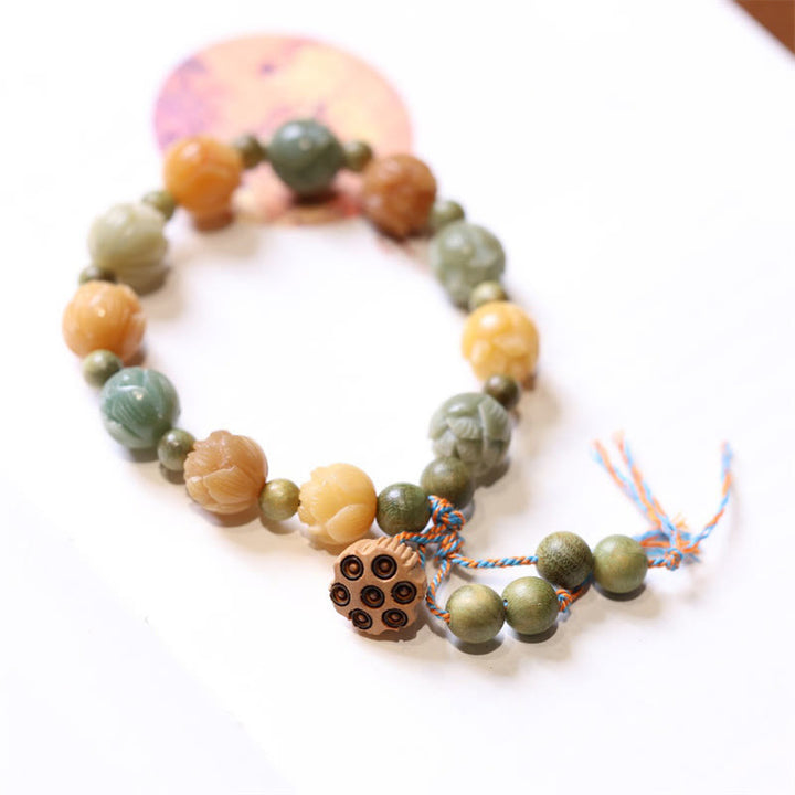 Pulsera de armonía de sabiduría de sándalo verde de loto con semillas de Bodhi de Buddha Stones