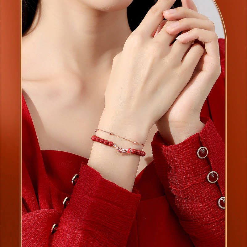 Pulsera de cadena de doble capa de plata de ley 925 con Buddha Stones , pez Koi de la suerte, circonita cinabrio, prosperidad