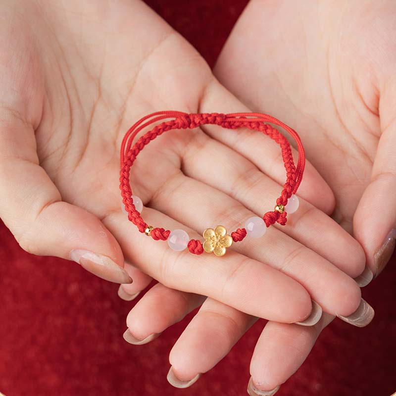 Pulsera de cuerda roja de la suerte con cuentas de calcedonia de cerezo y flor de melocotón de Plata de Ley 925 hecha a mano con Buddha Stones