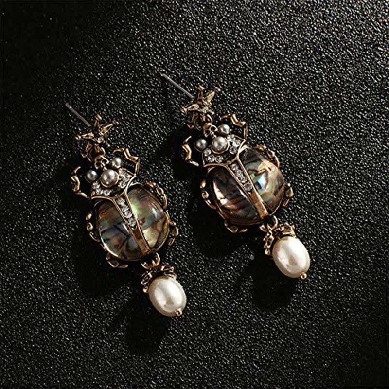 Pendientes colgantes con forma de calavera y escarabajo, estilo vintage, con perlas de cristal y escarabajo