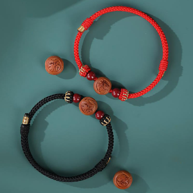 Pulsera de riqueza de cinabrio tallada con carácter del zodíaco chino, madera de melocotón Natural, Buddha Stones - image 16