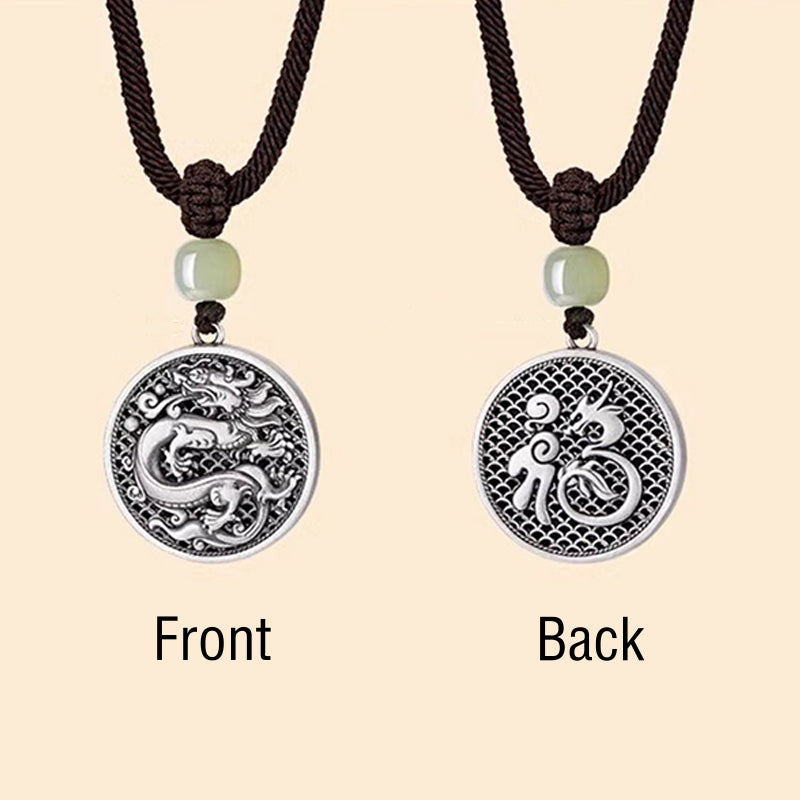 Collar con colgante de plata de ley 999 con Buddha Stones, diseño del Año del Dragón Fu, con carácter de jade hetiano
