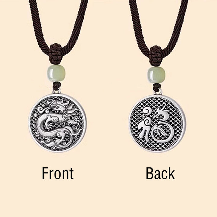 Collar con colgante de plata de ley 999 con Buddha Stones, diseño del Año del Dragón Fu, con carácter de jade hetiano