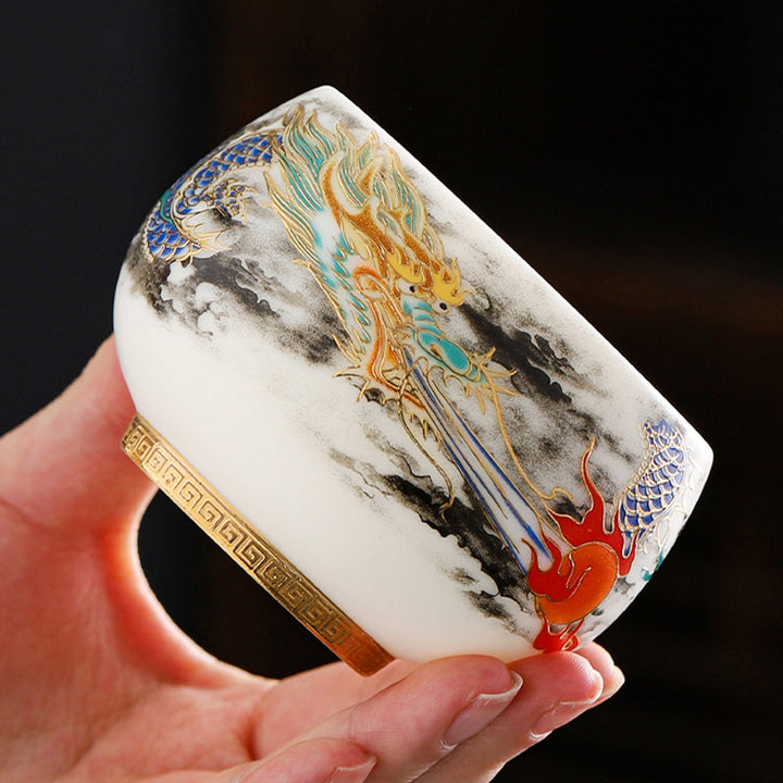 Taza de té de cerámica de porcelana blanca con diseño de dragón jugando con Buddha Stones, taza de té de Kung Fu de 160ml