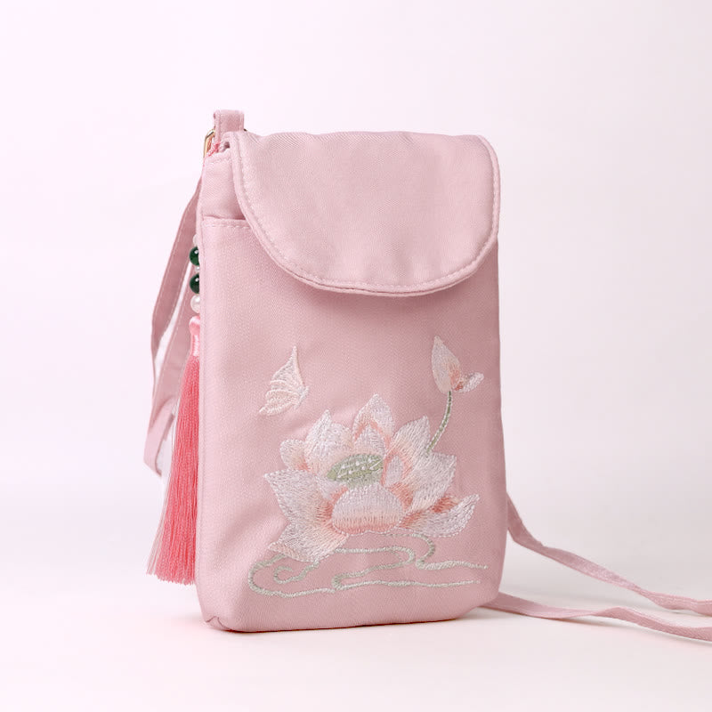Bolso bandolera con flores bordadas pequeñas y Buddha Stones, bolso de hombro, bolso para móvil de doble capa