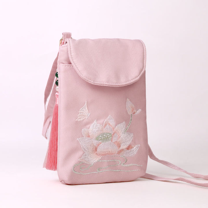 Bolso bandolera con flores bordadas pequeñas y Buddha Stones, bolso de hombro, bolso para móvil de doble capa