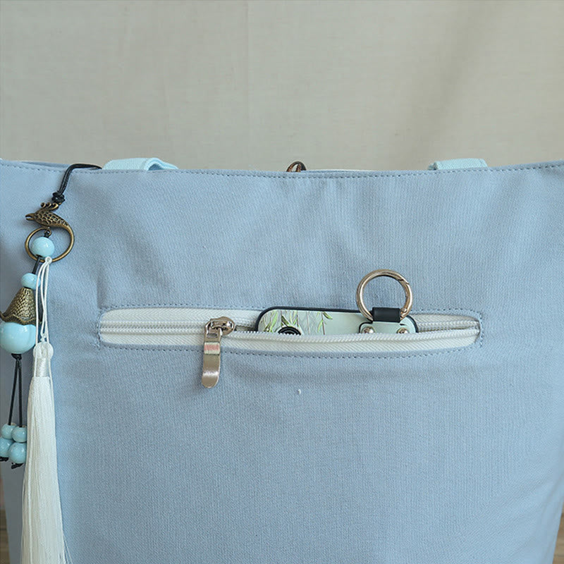 Bolso de hombro de gran capacidad con bordado de bambú, flor de pera, ciruelo, flor de melocotón, bolso de mano