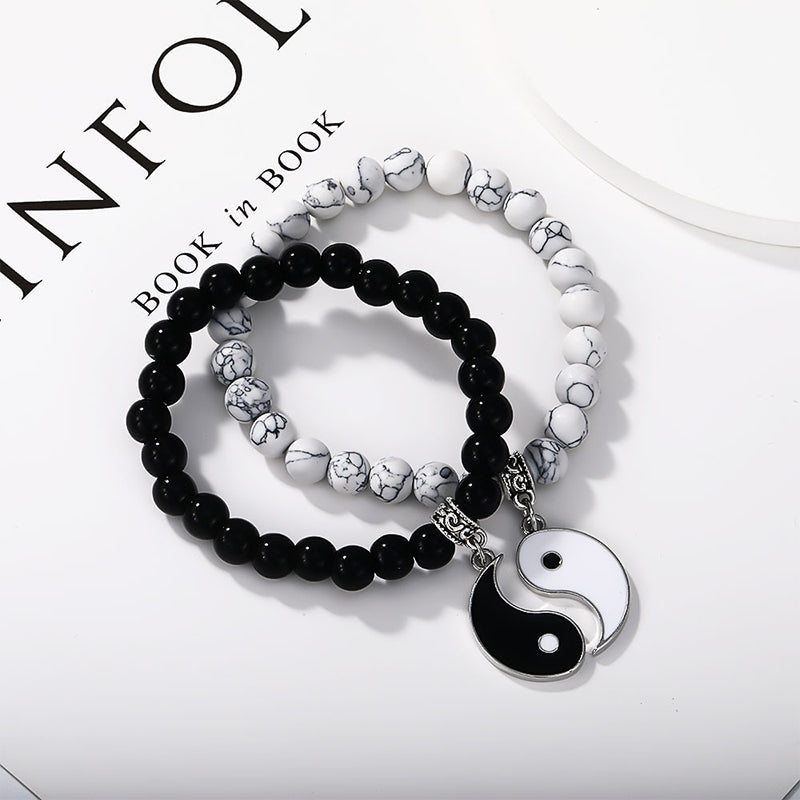 Buddha Stones 2 uds. Pulsera de pareja de protección Yin Yang con cuentas de turquesa blanca y ónix negro