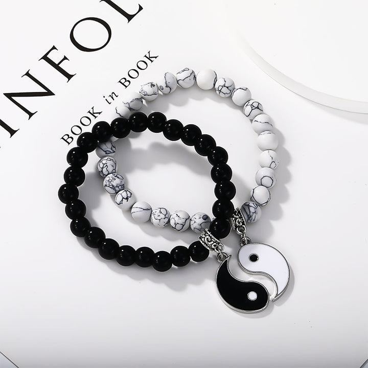 Buddha Stones 2 uds. Pulsera de pareja de protección Yin Yang con cuentas de turquesa blanca y ónix negro