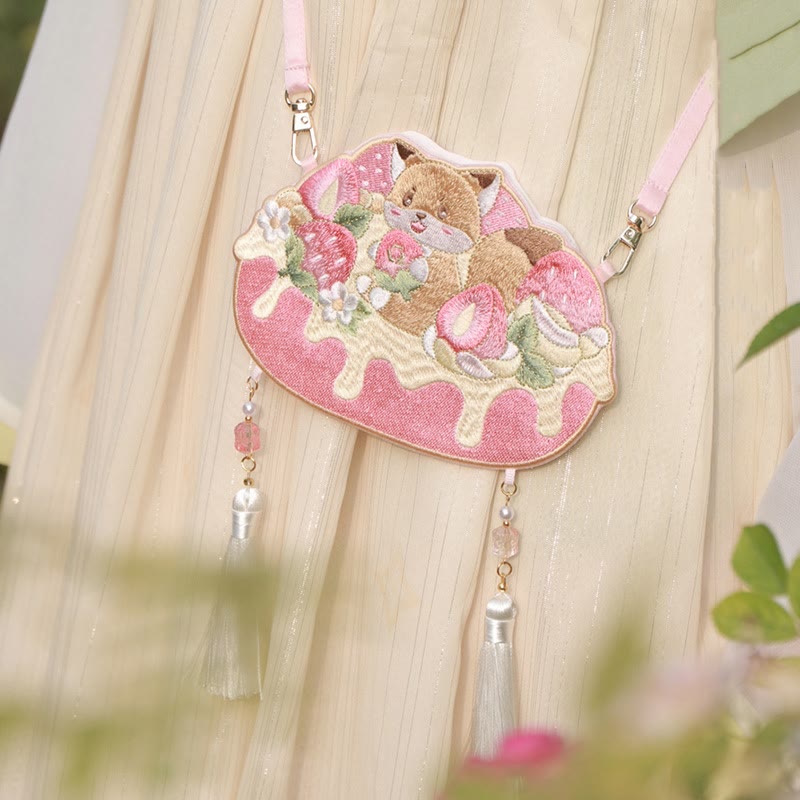Bordado de Buddha Stones, Panda de la suerte, gato, Shiba Inu, ciervo, conejo, zorro, flor, Animal bonito, Hanfu, bolso cruzado, bolso de hombro