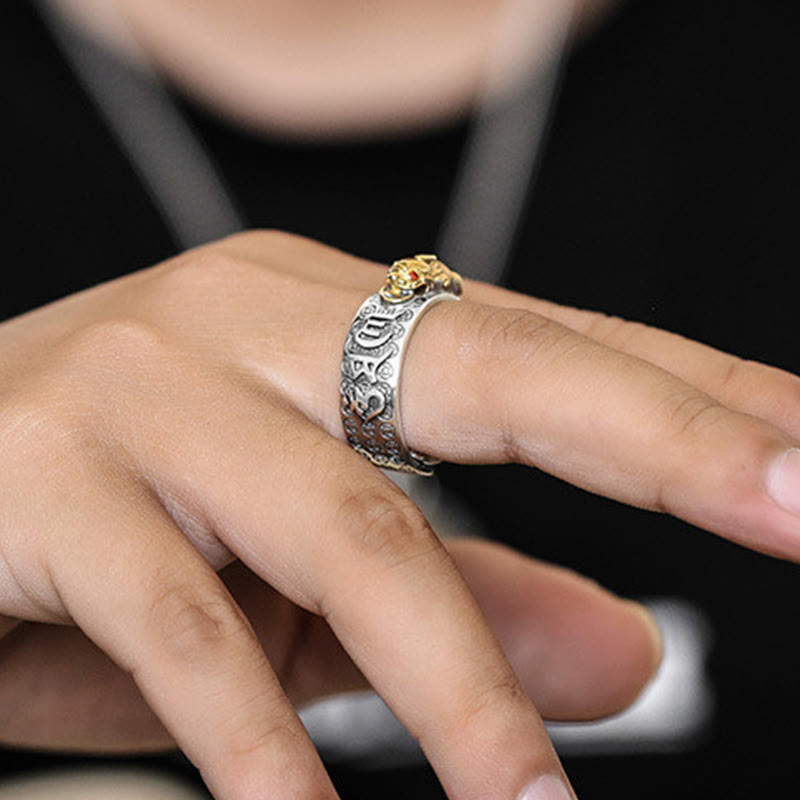 Buddha Stones tibetanas de plata de ley 990 Om Mani Padme Hum PiXiu Dorje Vajra corazón Sutra grabado anillo de riqueza - image 8
