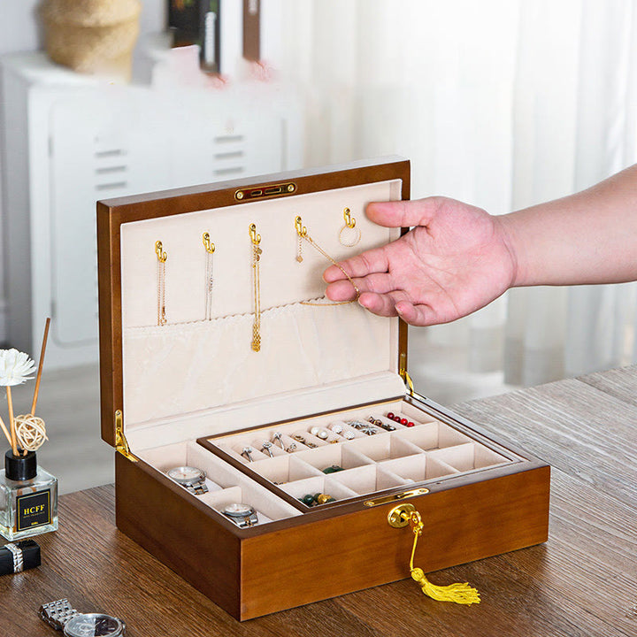Caja de joyería de madera vintage con Buddha Stones, caja de almacenamiento de joyería de madera maciza de dos capas