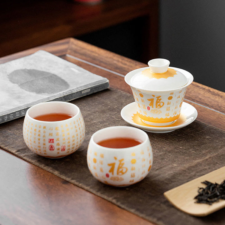 Taza de té y platillo con tapa, taza de té de cerámica Gaiwan, Sutra del corazón budista, Buddha Stones , pequeño personaje Fu, Kung Fu