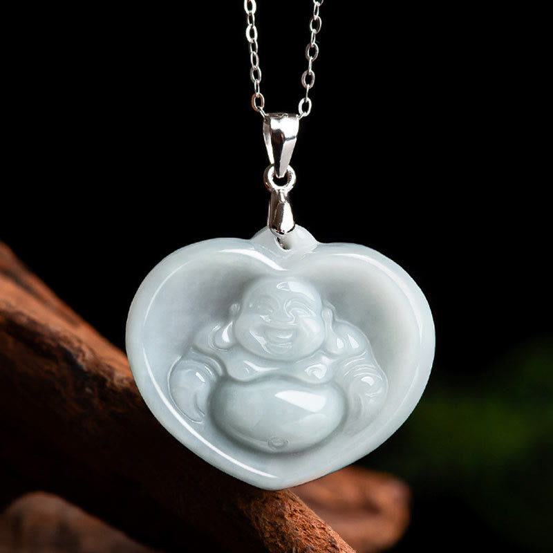 Collar con colgante de cadena de acero de titanio y jade blanco con Buddha Stones sonriente. - image 3