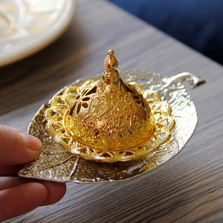 Quemador de incienso de meditación con posavasos de mini hojas de oro tibetano