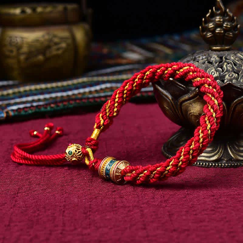 Pulsera de cuerda tejida con dije de rueda de oración Thangka de la suerte hecha a mano tibetana con Buddha Stones