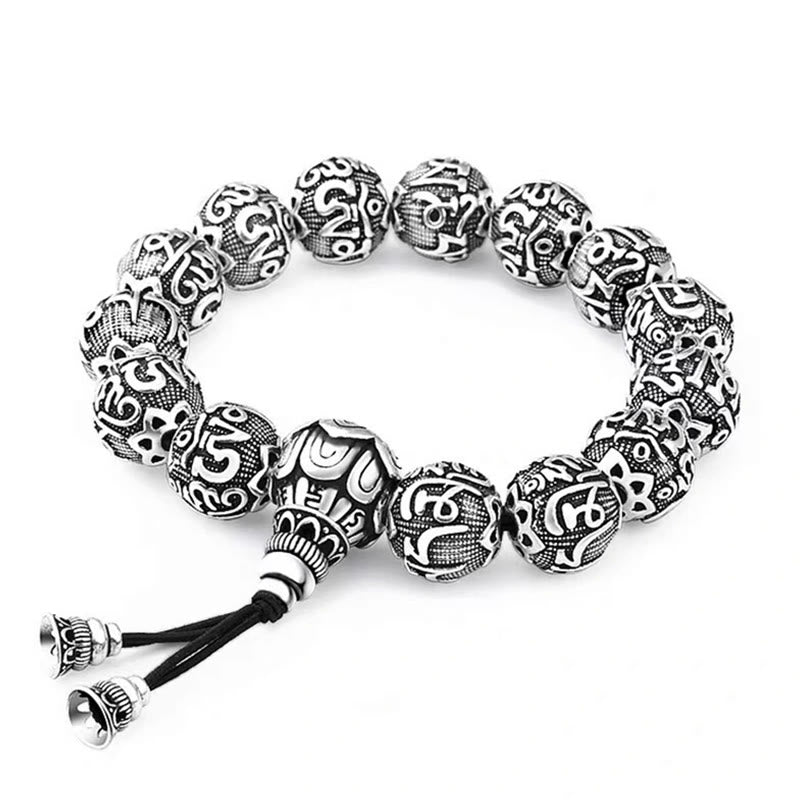 Pulsera de amuleto de cuentas de aleación tallada Om Mani Padme Hum tibetano con Buddha Stones