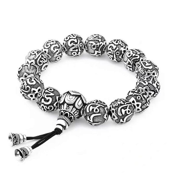Pulsera de amuleto de cuentas de aleación tallada Om Mani Padme Hum tibetano con Buddha Stones