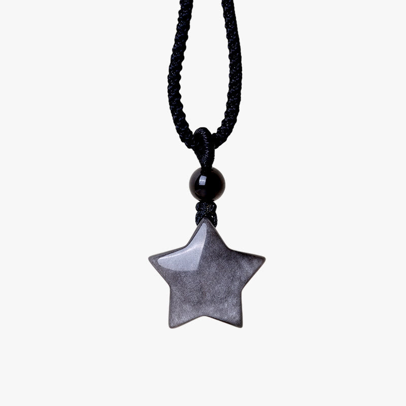 Colgante de collar de protección de luna creciente con estrella de obsidiana brillante de plata natural con Buddha Stones
