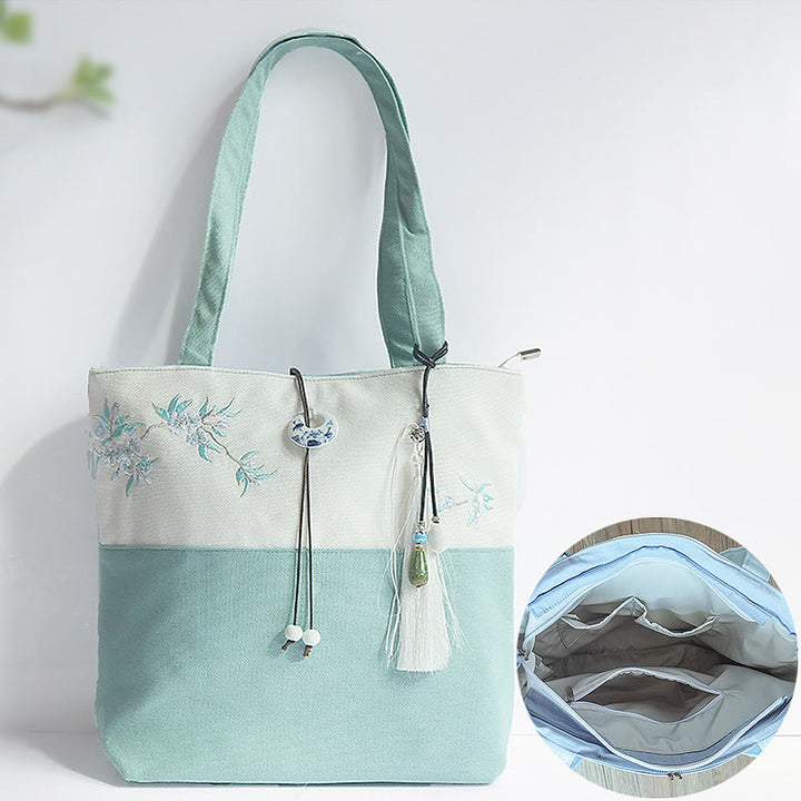 Bolso de hombro de gran capacidad con bordado de bambú, flor de pera, ciruelo, flor de melocotón, bolso de mano