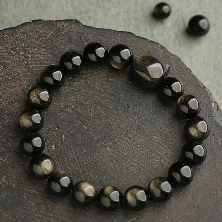 Buddha Stones Obsidiana con brillo dorado Obsidiana con brillo plateado Pata encantadora Pulsera de protección del gato de la suerte - image 10