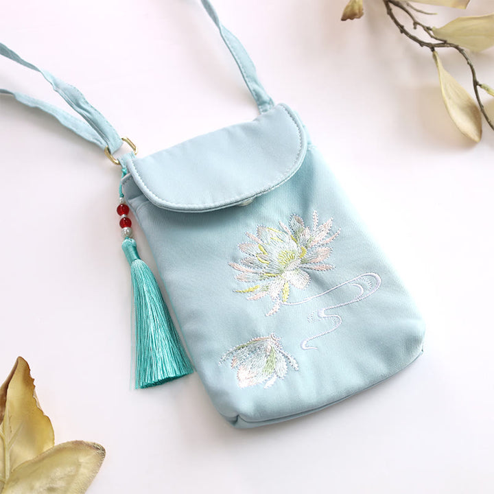 Bolso bandolera con flores bordadas pequeñas y Buddha Stones, bolso de hombro, bolso para móvil de doble capa