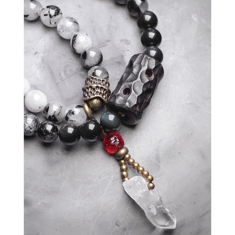 Pulsera de pareja de éxito de cristal blanco de madera de ébano de cuarzo rutilado negro