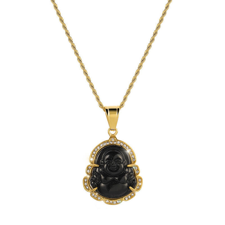 Colgante de cadena con collar de la suerte de jade de Buda sonriente relleno de oro de 18 quilates con Buddha Stones - Negro - image 10