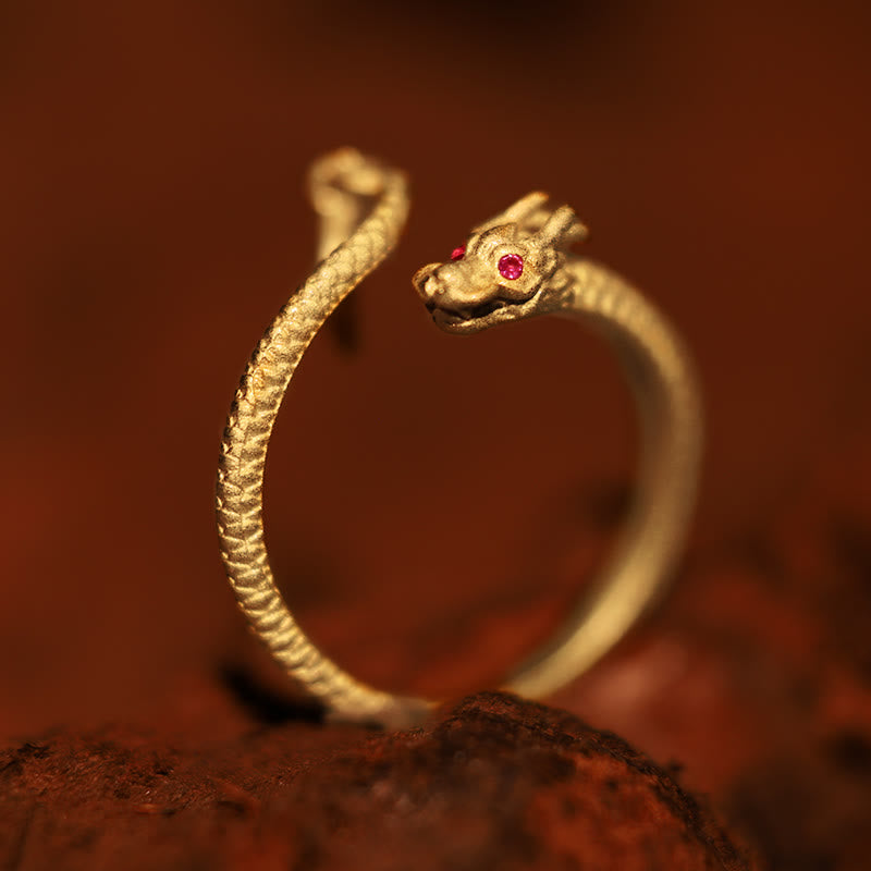 Anillo ajustable de plata de ley 925 con Buddha Stones , diseño vintage del Año del Dragón, protección de la suerte - Plata de ley 925 y oro (ajustable) - image 0