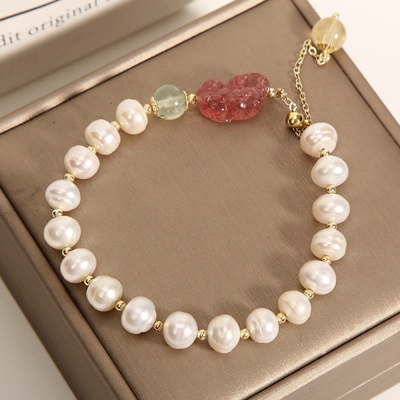 Pulsera con dijes de optimismo PiXiu, cuarzo fresa, perlas naturales , Buddha Stones - image 1