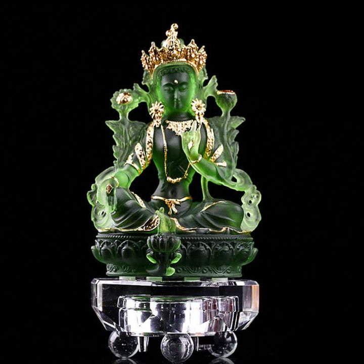 Bodhisattva Tara Verde hecho a mano Liuli Crystal Art Piece Protección Hogar Oficina Estatua Decoración - 8*6*12,8 cm - Tara verde dorada y base - image 13