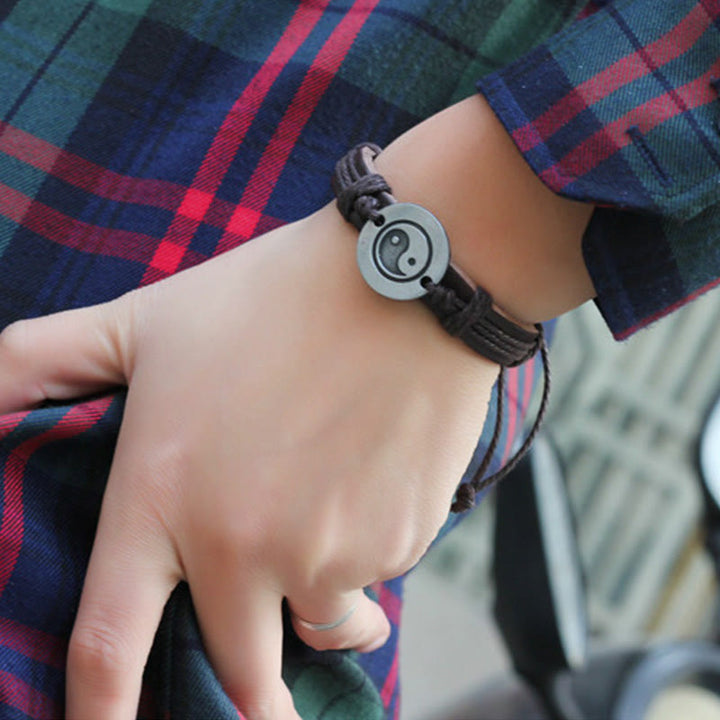 Pulsera de cuerda de armonía de cuero retro Yin Yang de Buddha Stones