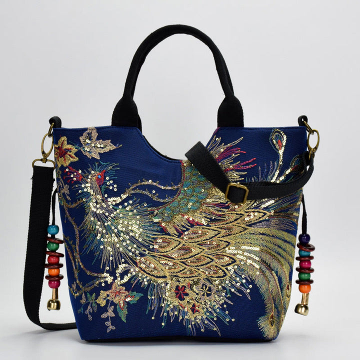 Bolso de mano con bordado de doble cara de pavo real con Buddha Stones, bolso bandolera