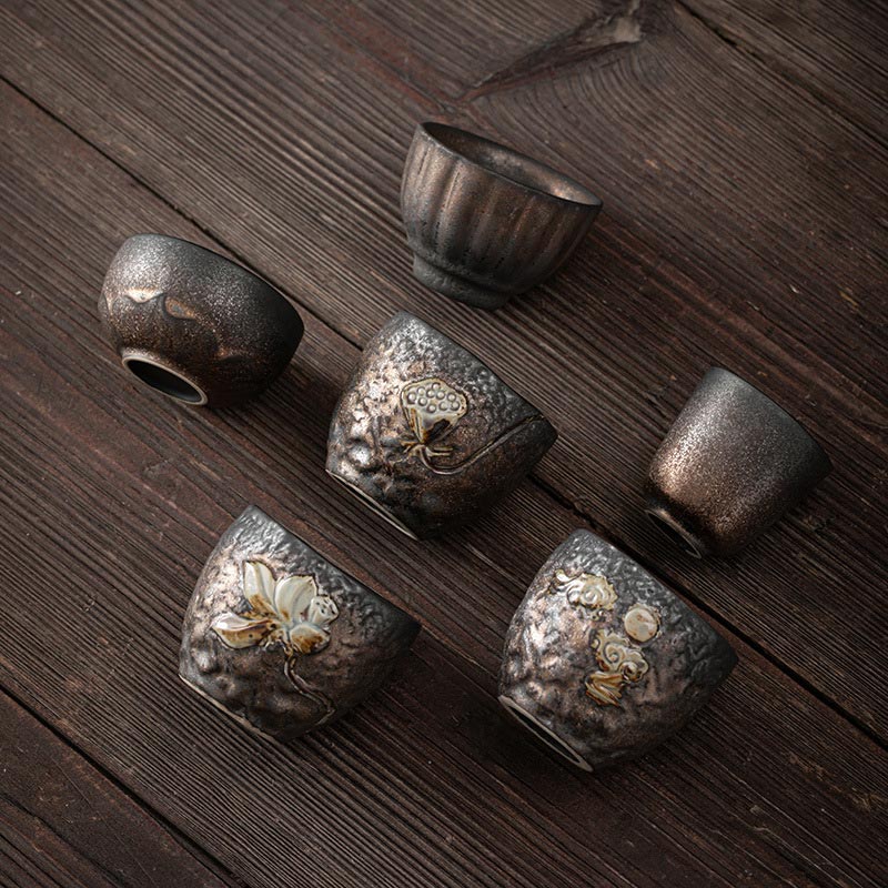 Taza de té de cerámica con Buddha Stones, hoja de vaina de loto, flor, nubes propicias, taza de té de Kung Fu