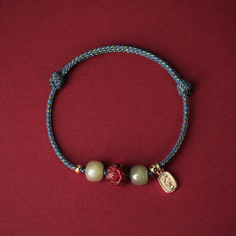 Pulsera de cuerda hecha a mano con Buddha Stones chapadas en oro de 14 quilates, jade hetiano, cinabrio, suerte de loto - Cuerda azul (circunferencia de muñeca 13-18 cm) - image 7