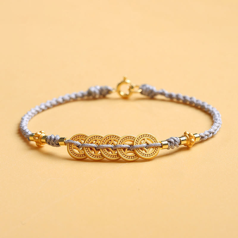 Pulsera trenzada de cuerda azul con Buddha Stones, moneda de cobre, árbol de la fortuna, perla, suerte