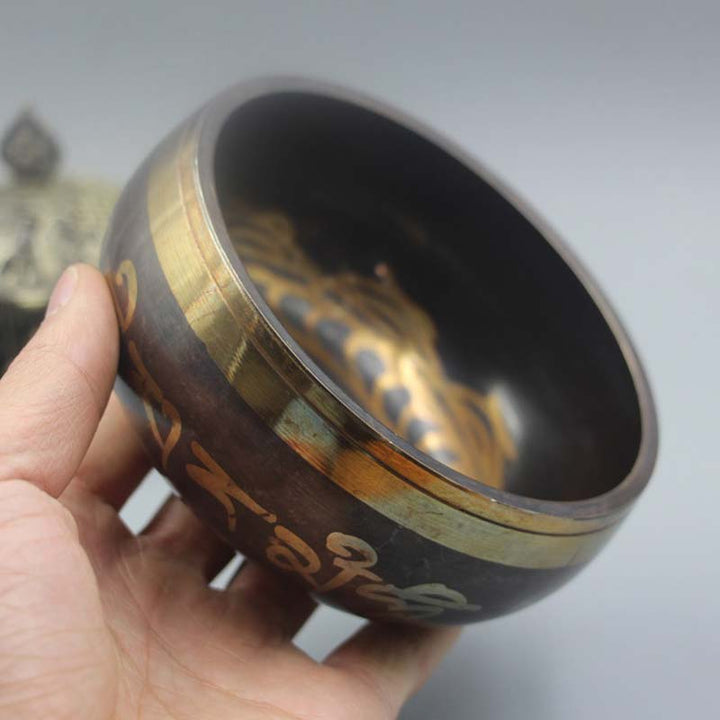 Cuenco de meditación tibetano con Buddha Stones para curación y atención plena, cuenco tibetano Om Mani Padme Hum