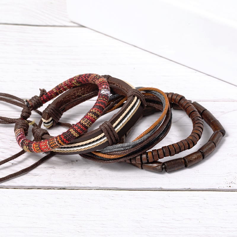 Pulsera de cuero con cuentas de madera y cordones de cáñamo envueltos con Buddha Stones