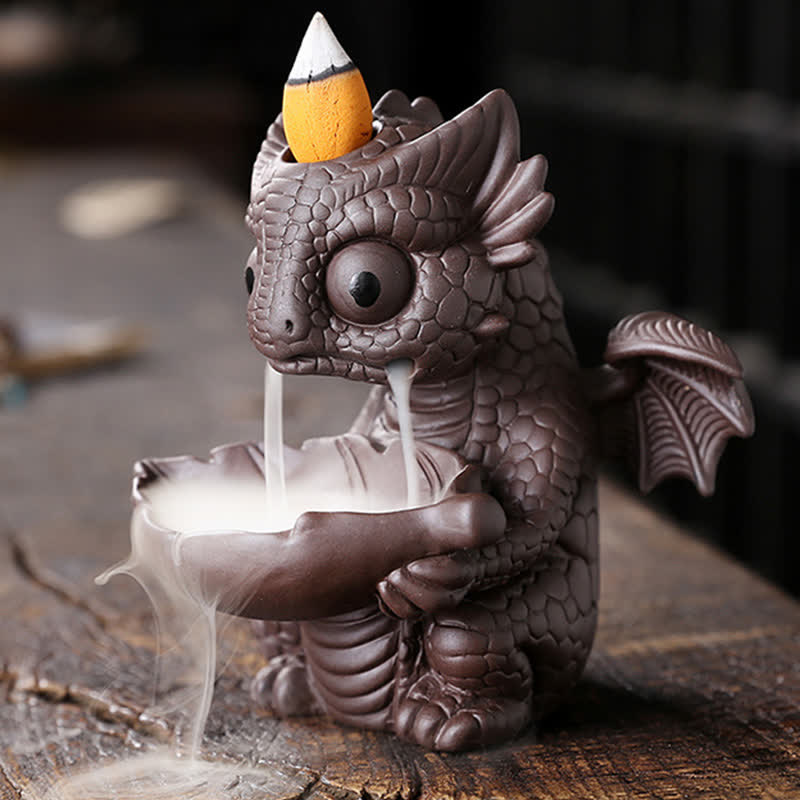 Precioso dinosaurio de arcilla púrpura, fuente de humo de reflujo, decoración de quemador de incienso curativo