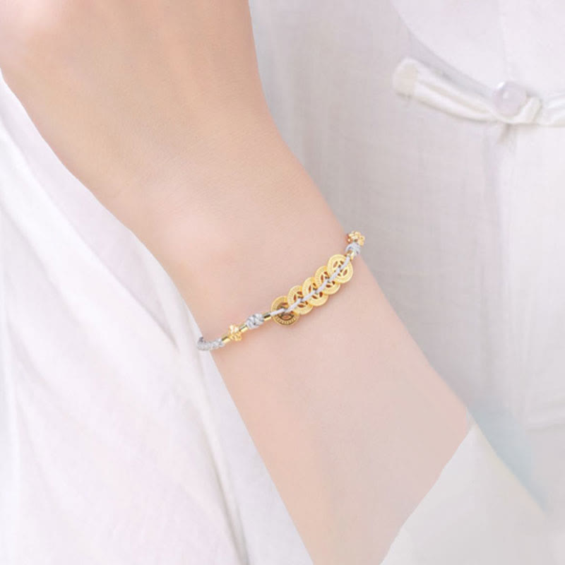 Pulsera trenzada de cuerda azul con Buddha Stones, moneda de cobre, árbol de la fortuna, perla, suerte