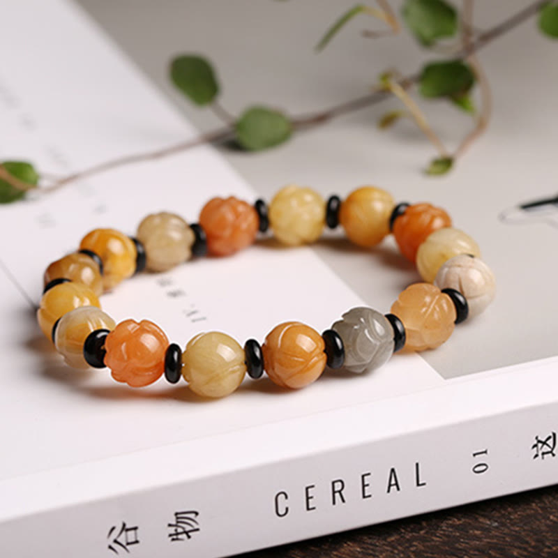 Pulsera de suerte y riqueza de loto de jade de seda dorada