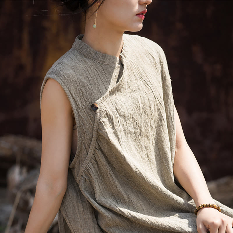 Vestido midi teñido anudado hecho a mano con Buddha Stones Vestido sin mangas de lino