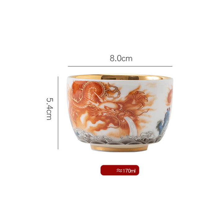 Buddha Stones Dragón Fénix Grulla Sol Océano Olas Taza de té de cerámica dorada Taza de té de Kung Fu 170 ml