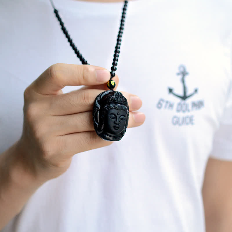 Buddha Stones Obsidiana Negra Natural Kwan Yin Avalokitesvara Collar de Cuerda de Fuerza Colgante - image 5